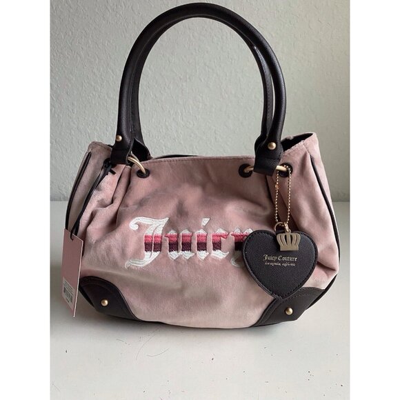 Juicy Couture Retro Vibe Satchel Dusty Blush Chocolate Bag Velour With Charm NEW - Picture 1 of 12